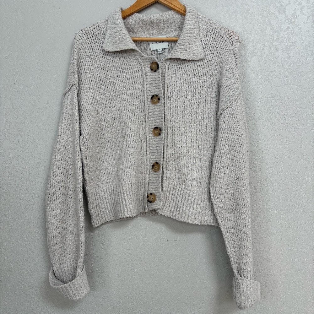 Pink Rose Beige Button-Up Cardigan